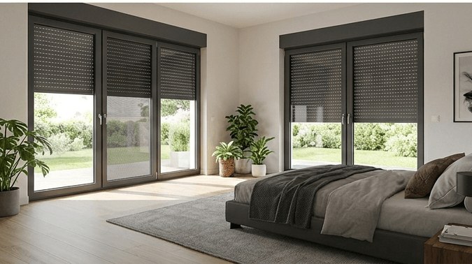 Modernes Schlafzimmer mit geschlossenen Rollläden an einer großen Fensterfront.