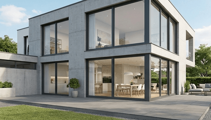 Modernes Wohnhaus mit großen Aluminium-Fensterfronten und zeitloser Architektur.